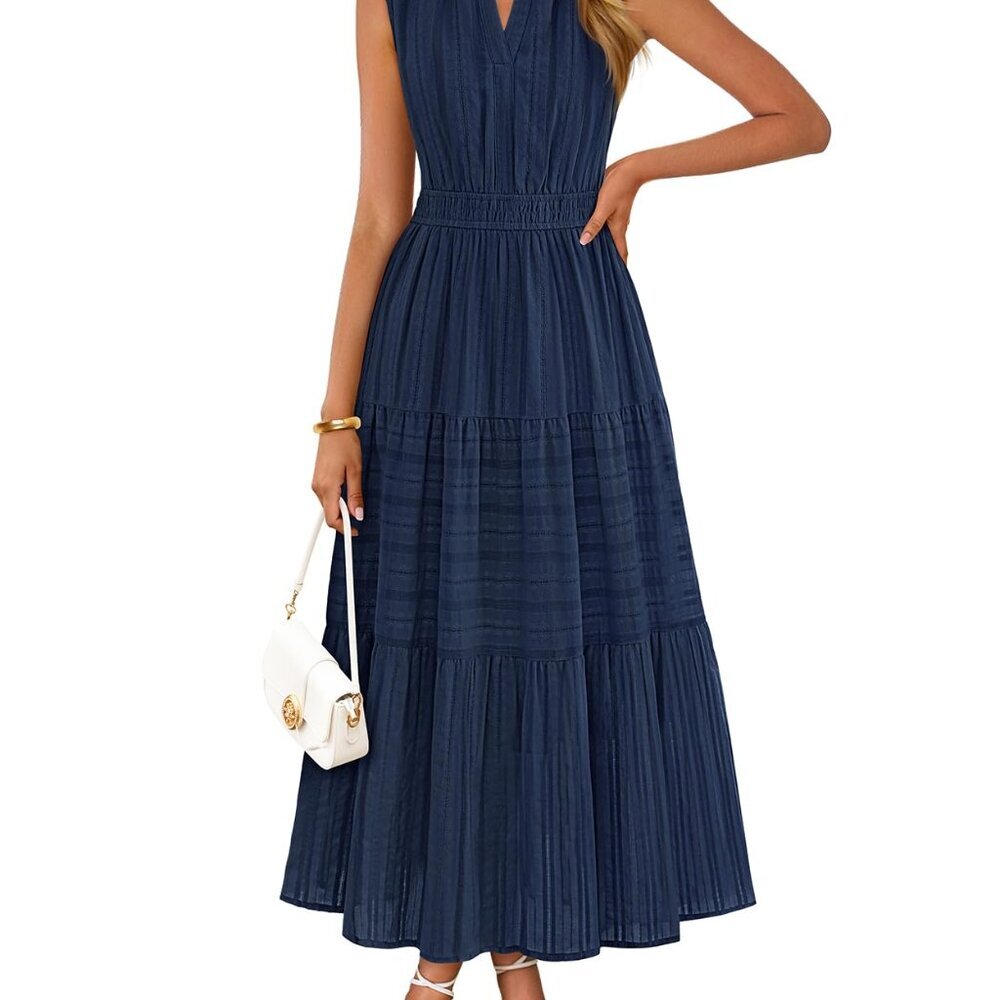 Boho Tiered Maxi Dress Sleeveless V Neck A-Line Pockets Lightweight